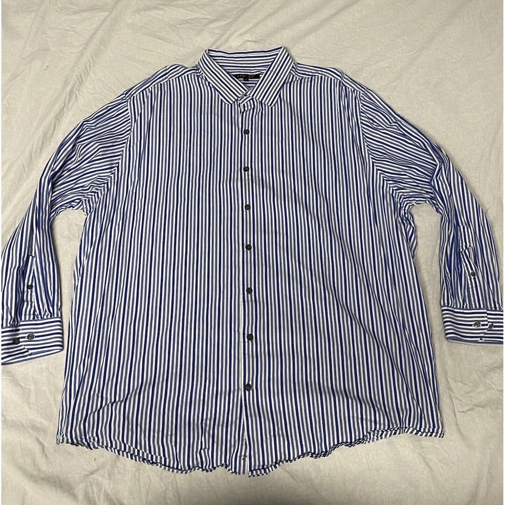 Synrgy Mens 3XL Blue White Striped Button Up Dress Shirt 100% Cotton Long Sleeve
